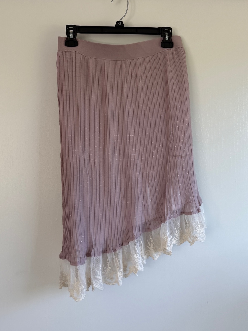 Umgee Lavender Asymmetrical Pleated Skirt with Cream Lace and Metallic Romantic